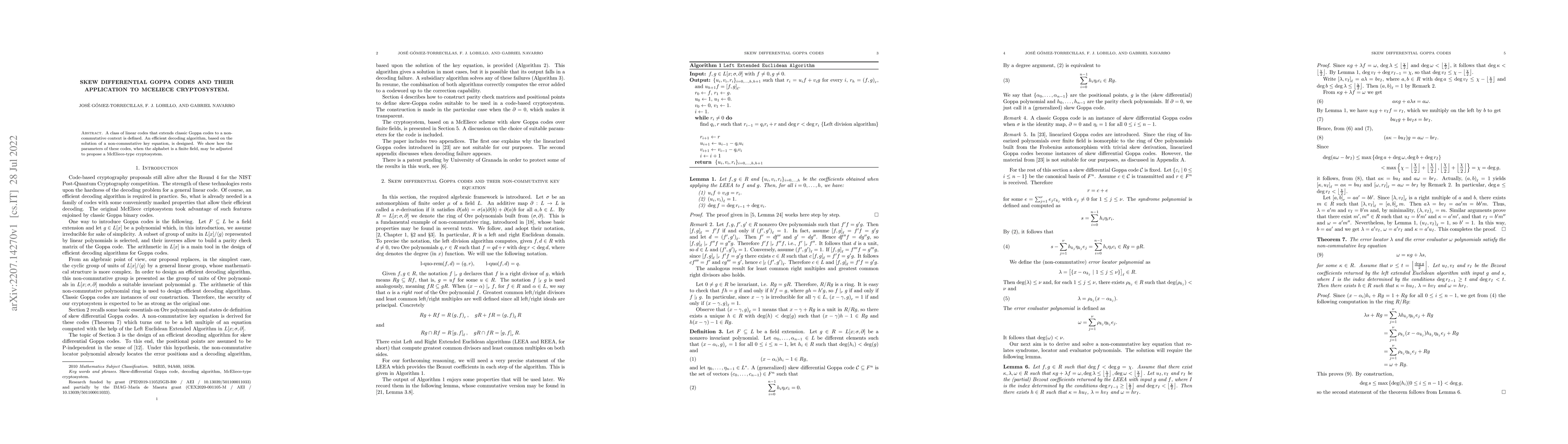 Thumbnail for Skew differential Goppa codes and their application to McEliece
  cryptosystem