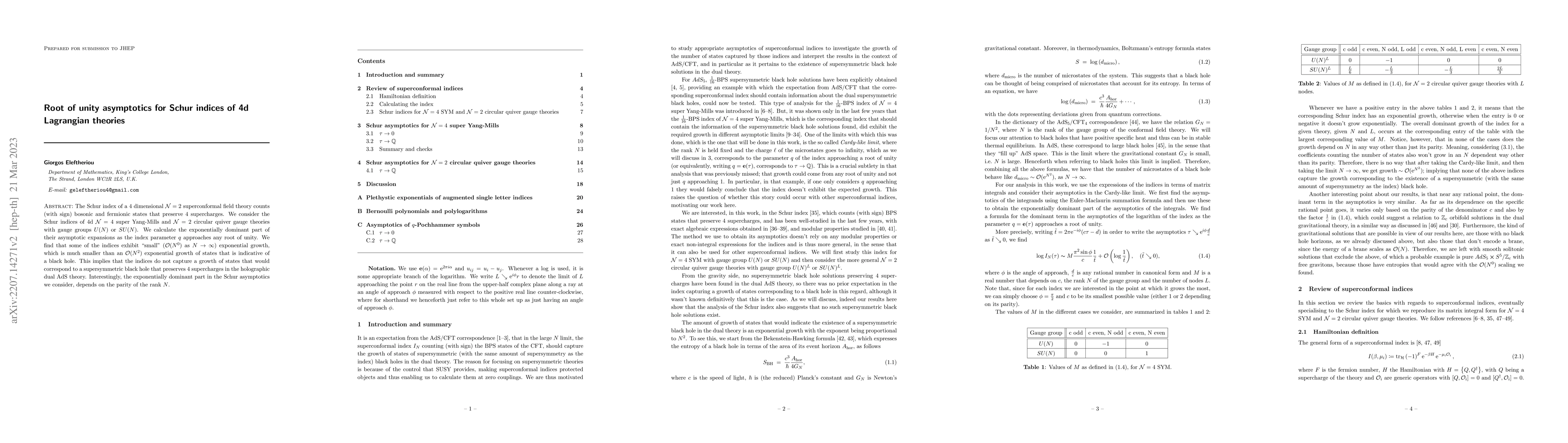 Thumbnail for Root of unity asymptotics for Schur indices of 4d Lagrangian theories