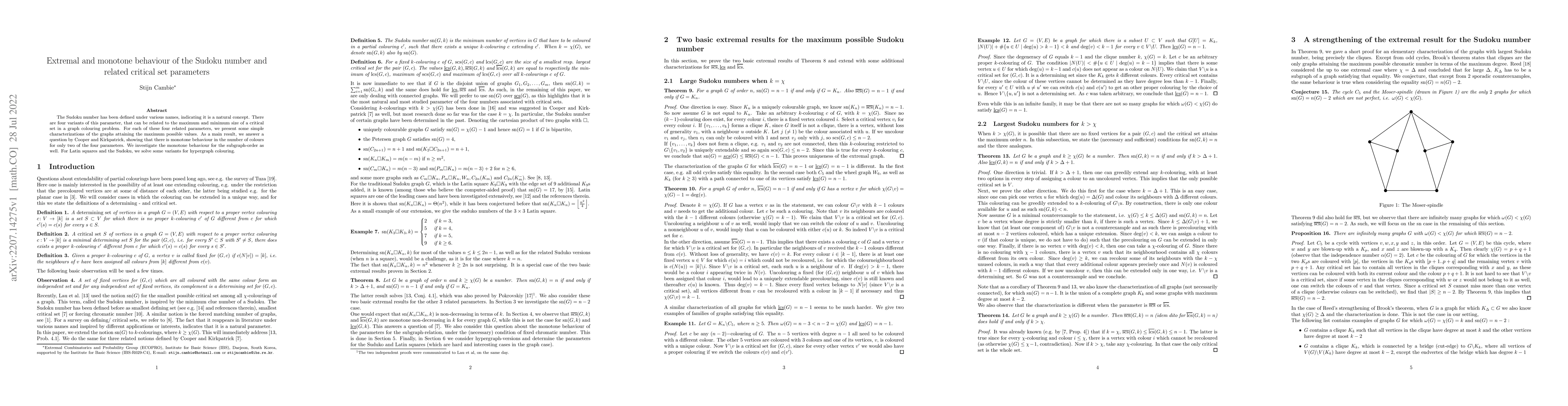 Thumbnail for Extremal and monotone behaviour of the Sudoku number and related
  critical set parameters