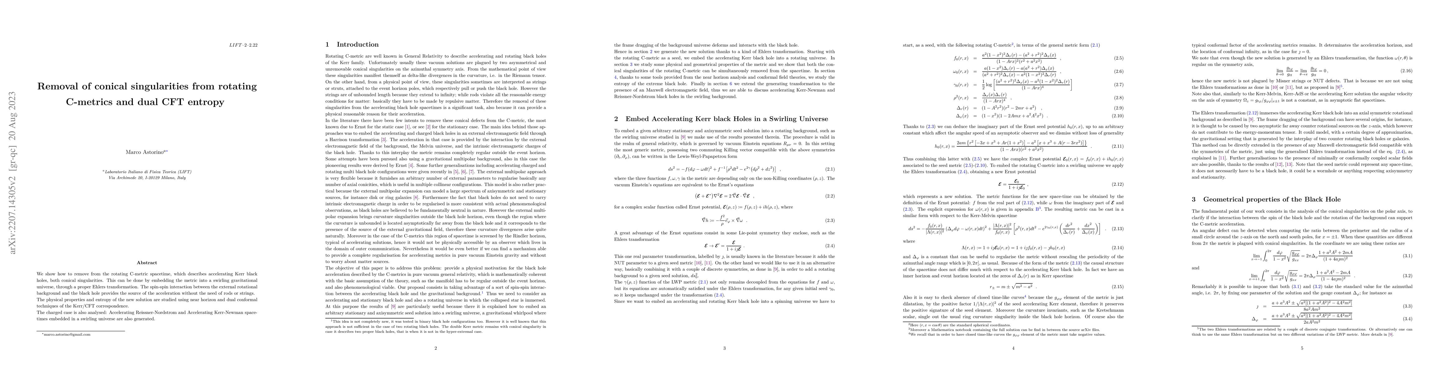 Thumbnail for Removal of conical singularities from rotating C-metrics and dual CFT
  entropy