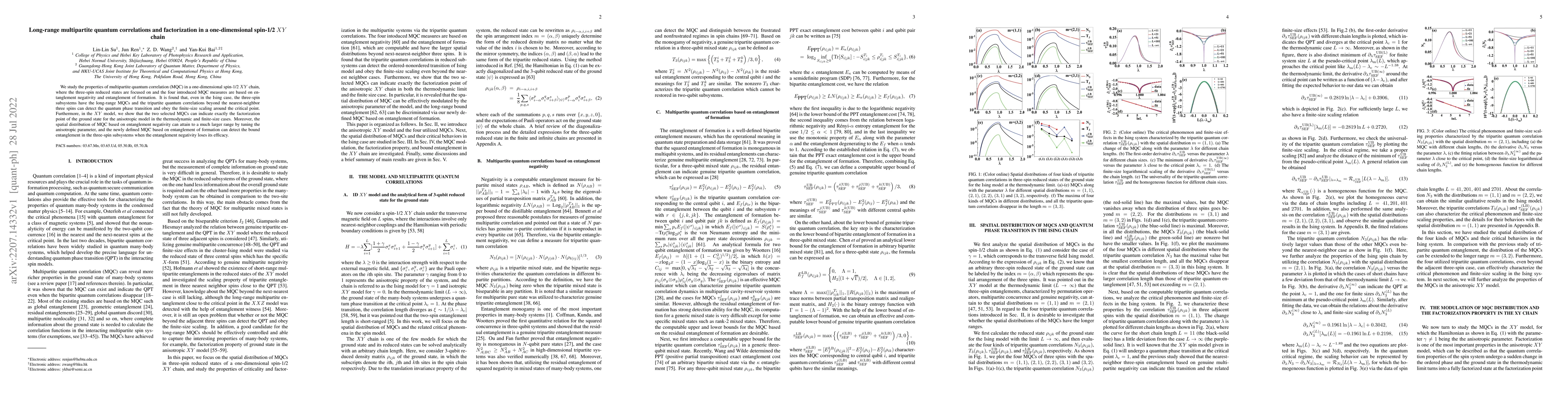Thumbnail for Long-range multipartite quantum correlations and factorization in a
  one-dimensional spin-1/2 $XY$ chain