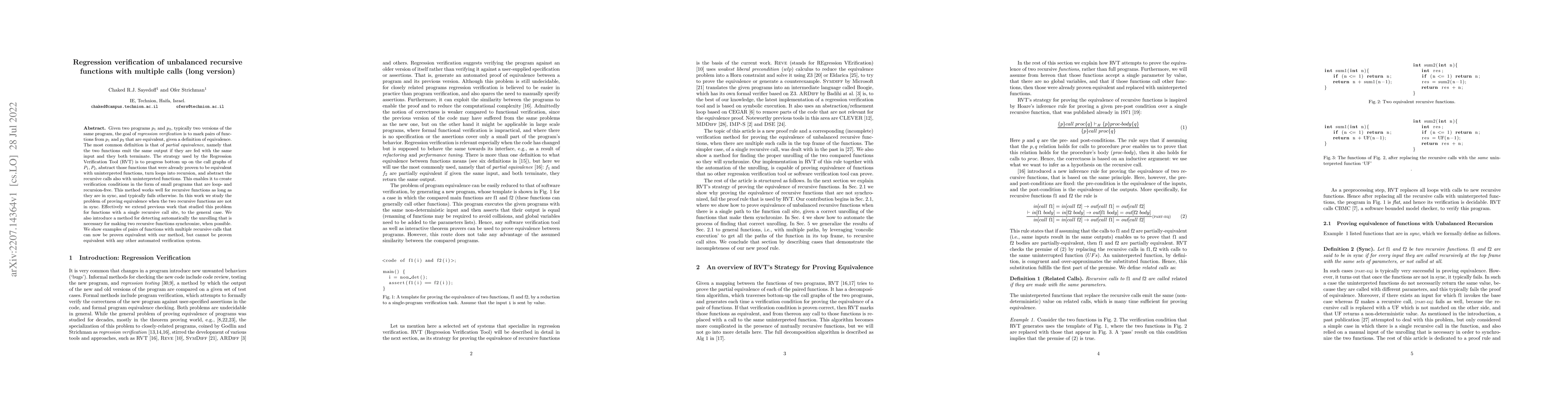 Thumbnail for Regression verification of unbalanced recursive functions with multiple
  calls (long version)