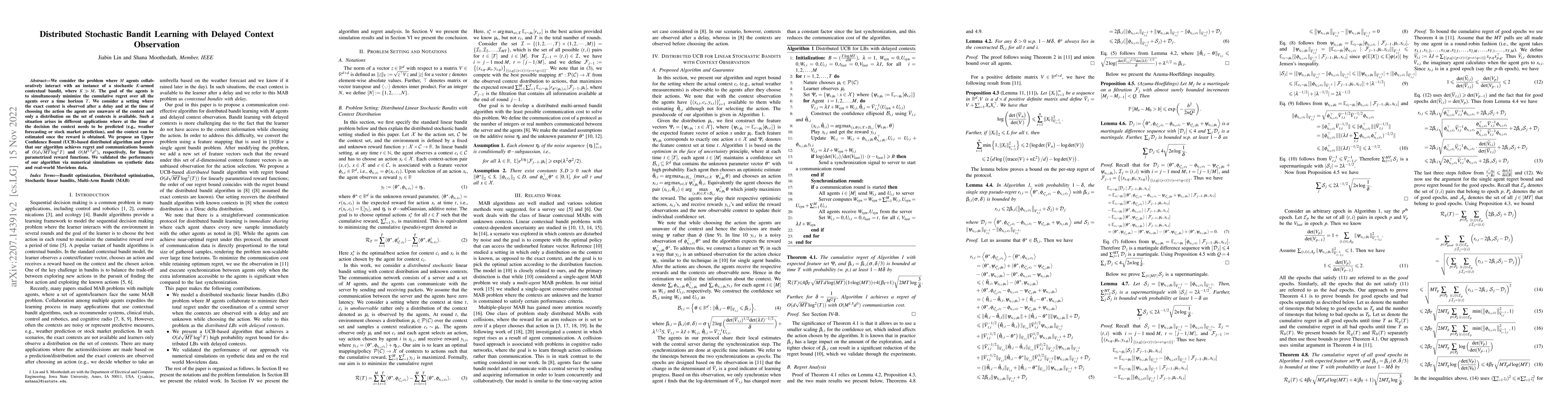 Thumbnail for Distributed Stochastic Bandit Learning with Delayed Context Observation