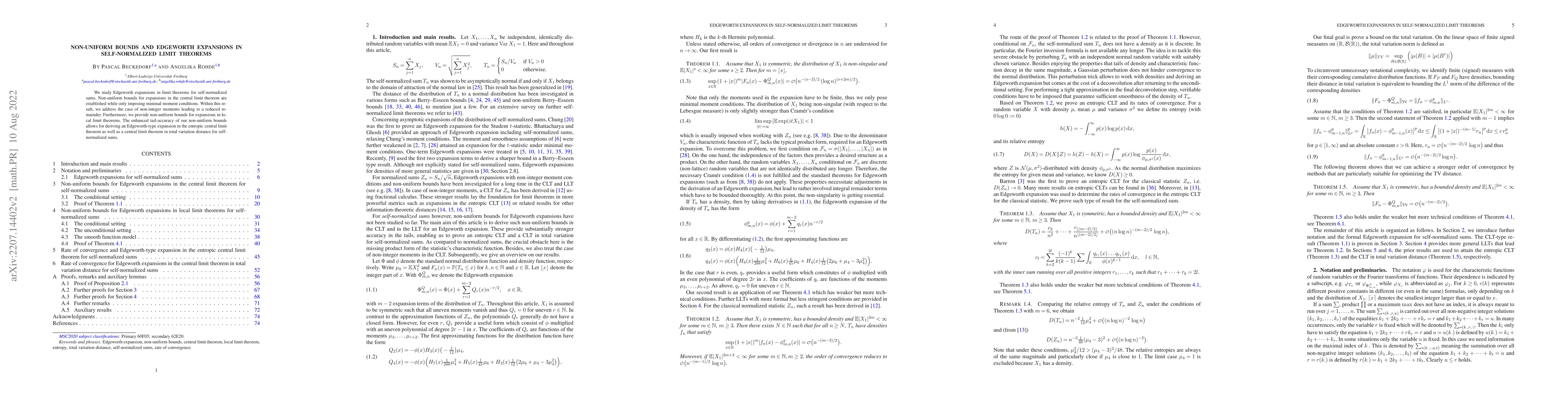 Thumbnail for Non-uniform bounds and Edgeworth expansions in self-normalized limit
  theorems