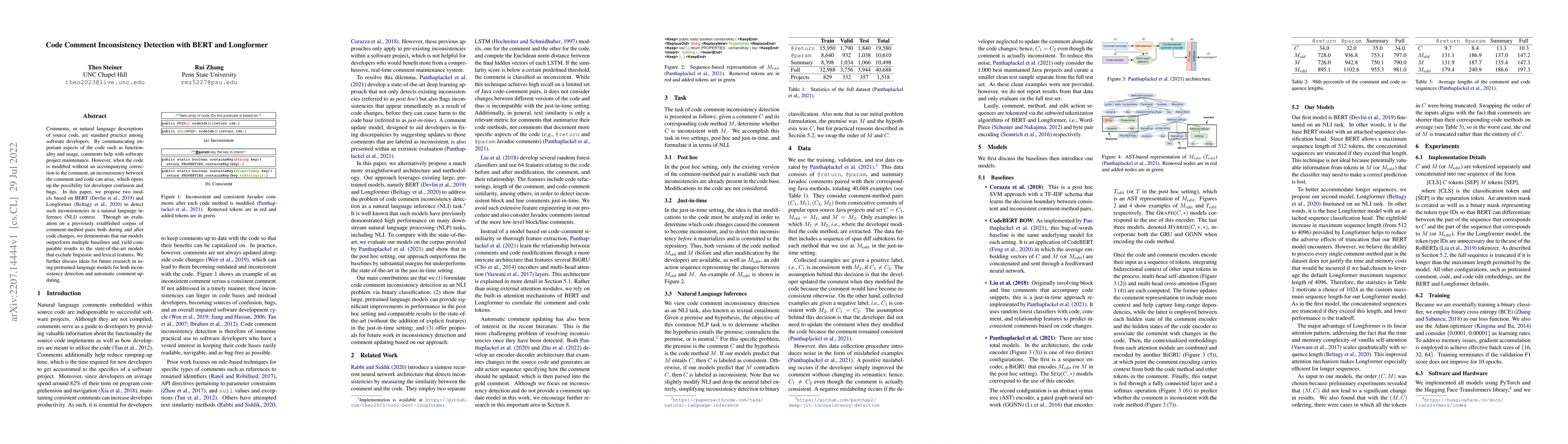 Thumbnail for Code Comment Inconsistency Detection with BERT and Longformer