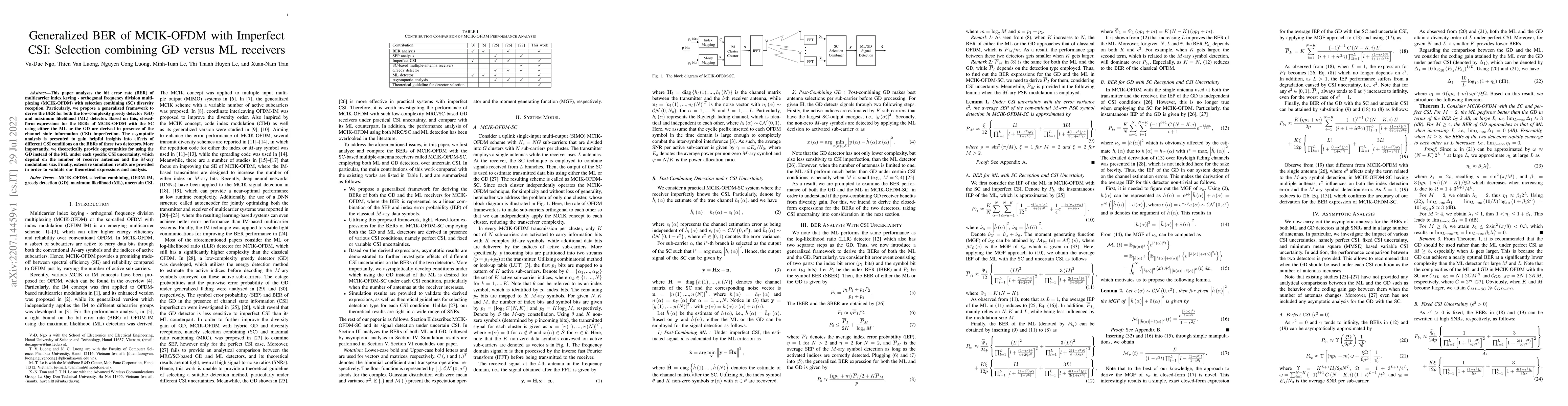 Thumbnail for Generalized BER of MCIK-OFDM with Imperfect CSI: Selection combining GD
  versus ML receivers
