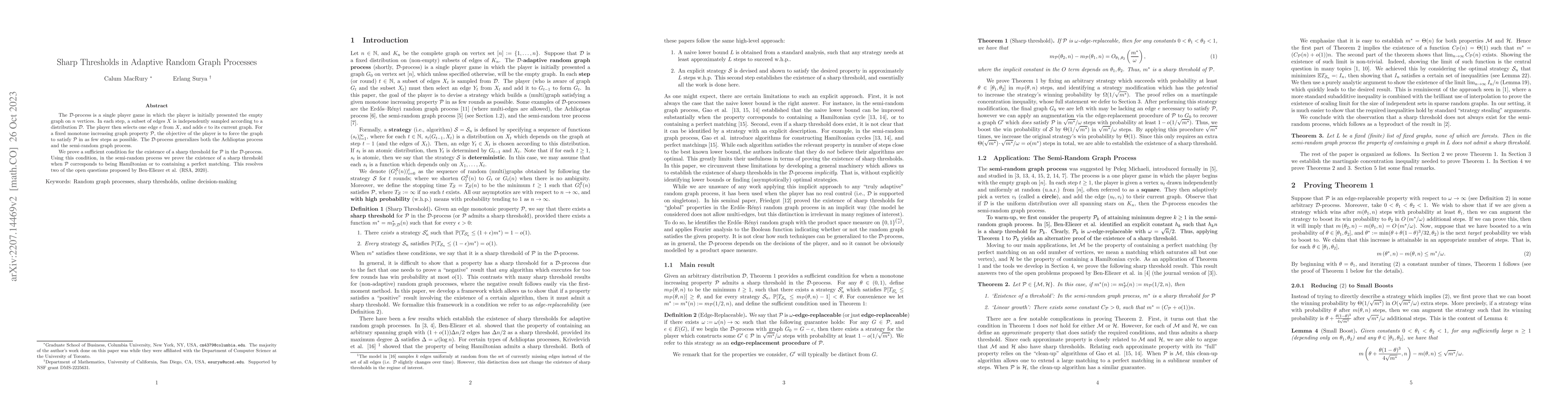 Thumbnail for Sharp Thresholds in Adaptive Random Graph Processes