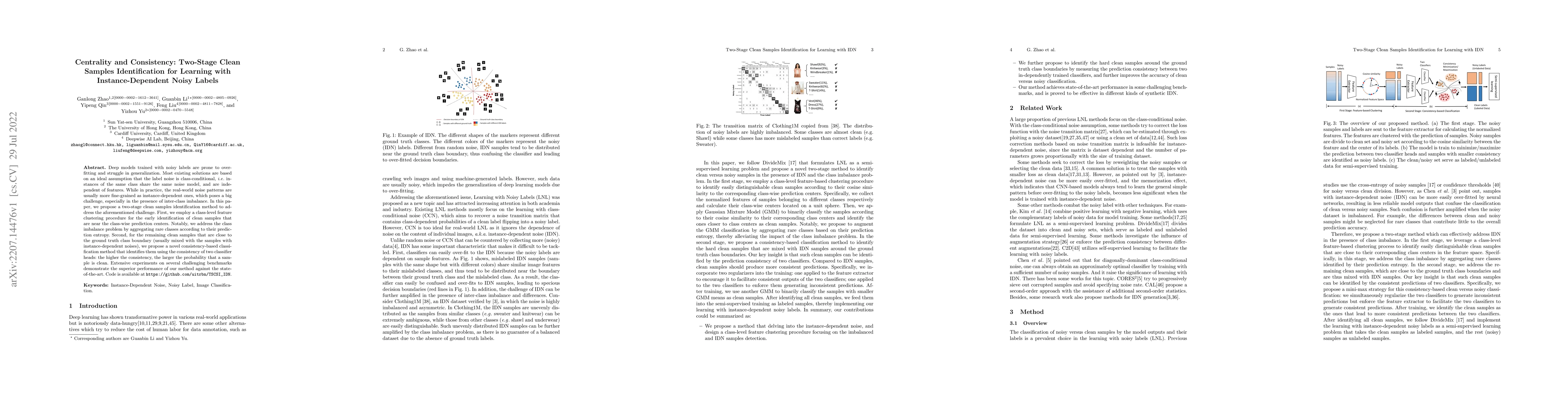 Thumbnail for Centrality and Consistency: Two-Stage Clean Samples Identification for
  Learning with Instance-Dependent Noisy Labels