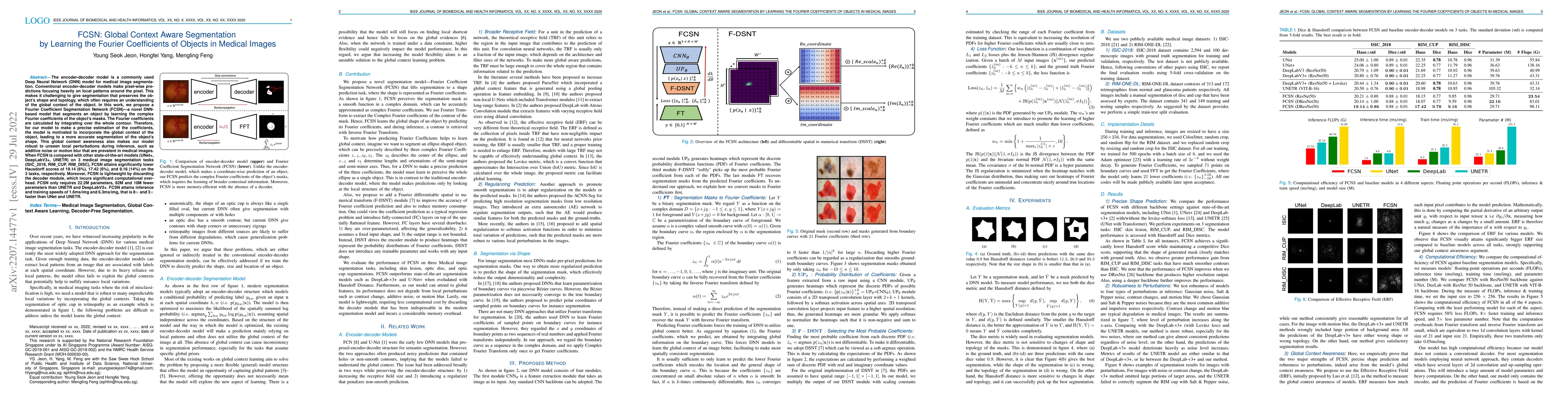 Thumbnail for FCSN: Global Context Aware Segmentation by Learning the Fourier
  Coefficients of Objects in Medical Images