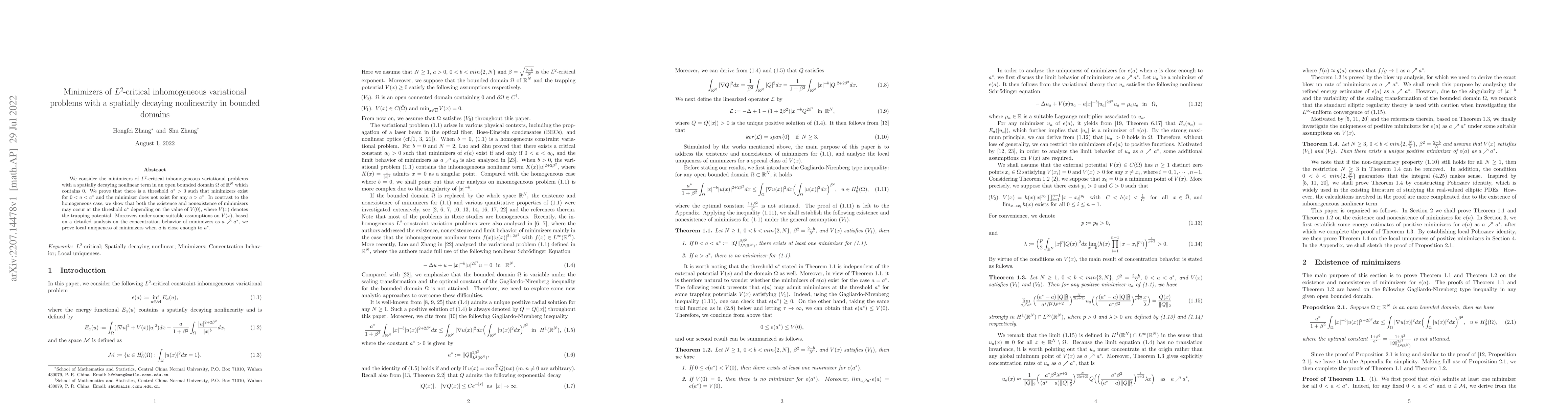 Thumbnail for Minimizers of $L^{2}$-critical inhomogeneous variational problems with a
  spatially decaying nonlinearity in bounded domains