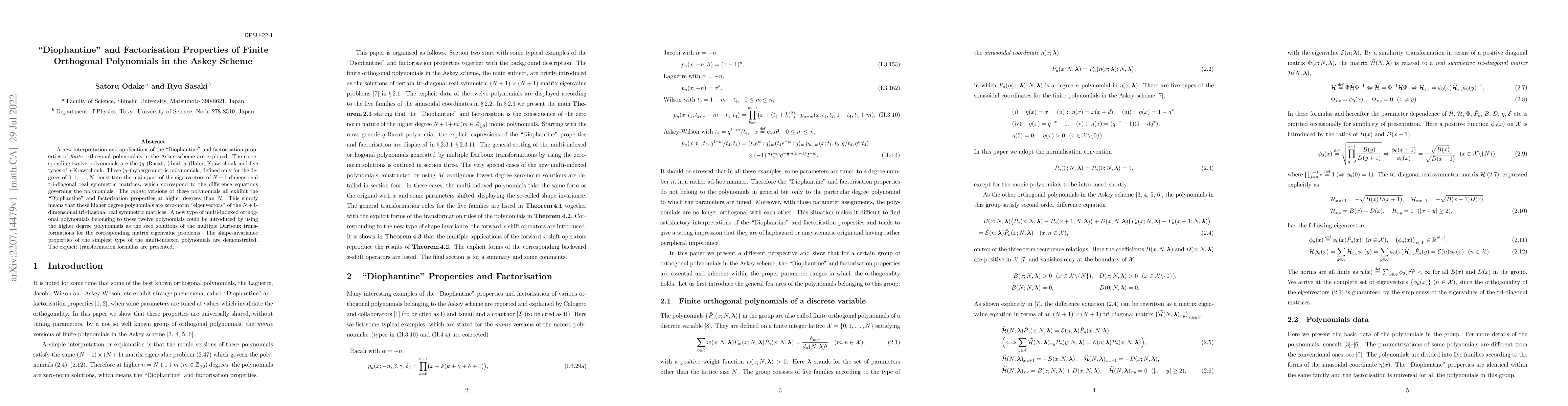Thumbnail for "Diophantine'' and Factorisation Properties of Finite Orthogonal
  Polynomials in the Askey Scheme