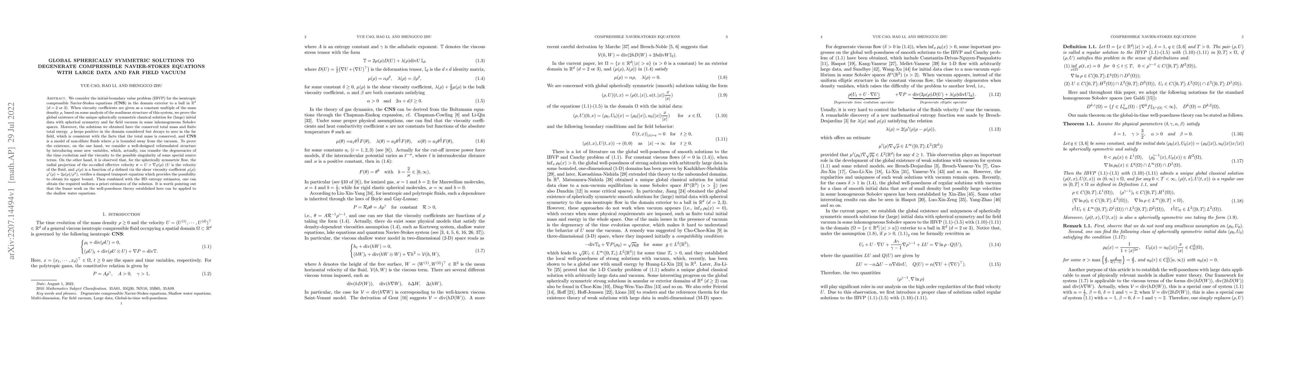 Thumbnail for Global spherically symmetric solutions to degenerate compressible
  Navier-Stokes equations with large data and far field vacuum