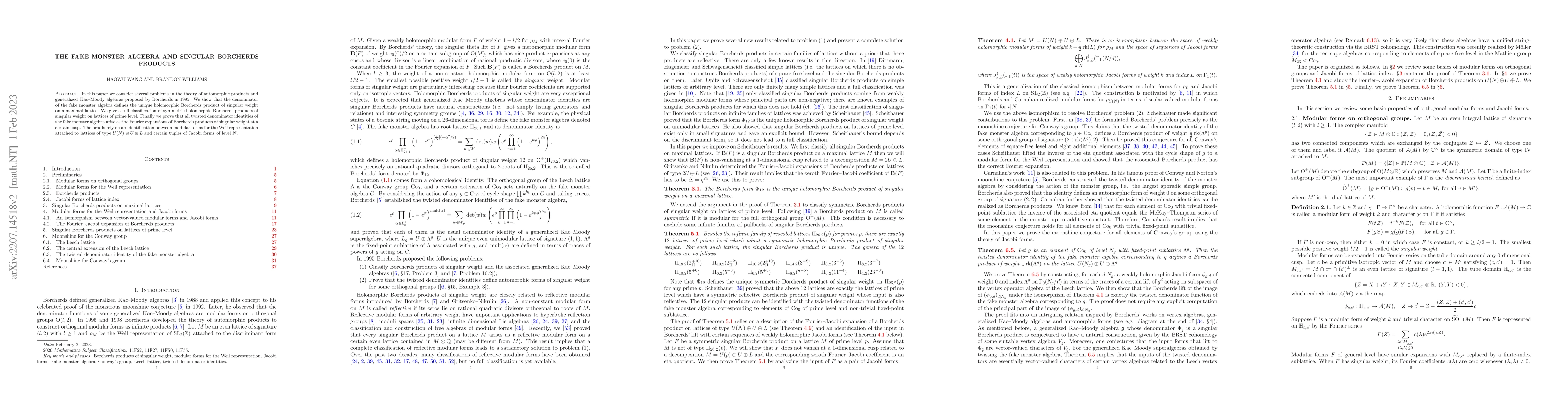 Thumbnail for The fake monster algebra and singular Borcherds products