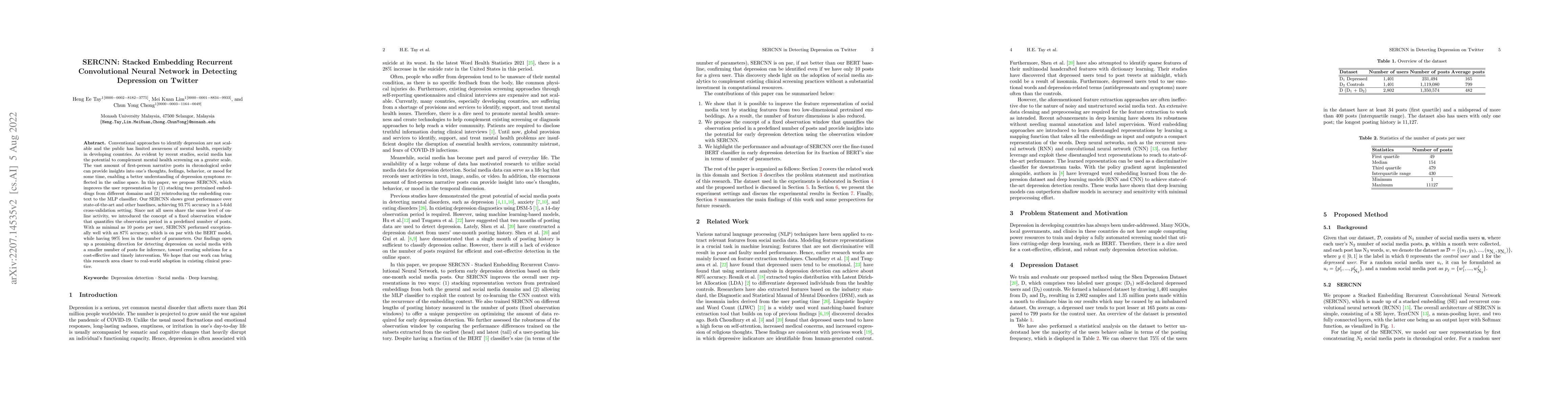 Thumbnail for SERCNN: Stacked Embedding Recurrent Convolutional Neural Network in
  Detecting Depression on Twitter
