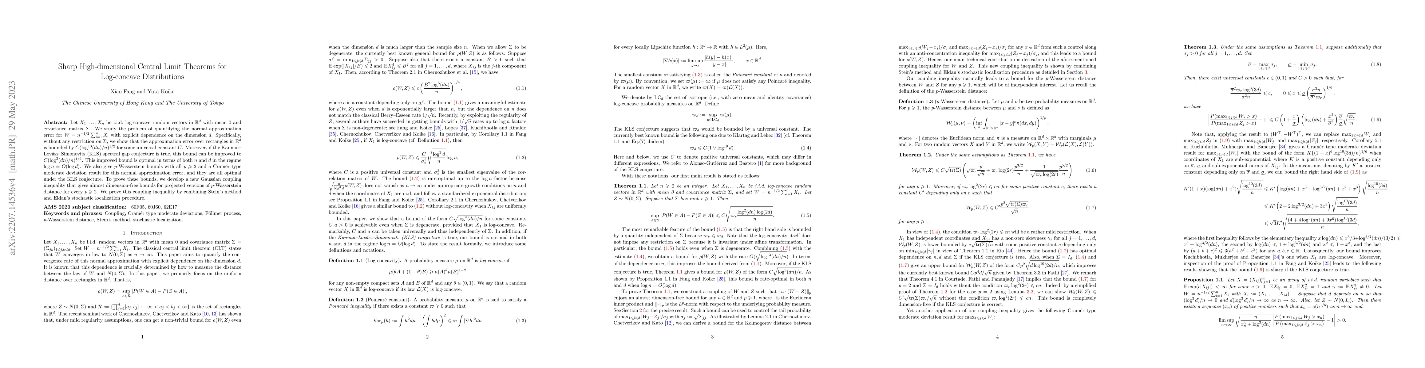 Thumbnail for Sharp High-dimensional Central Limit Theorems for Log-concave
  Distributions