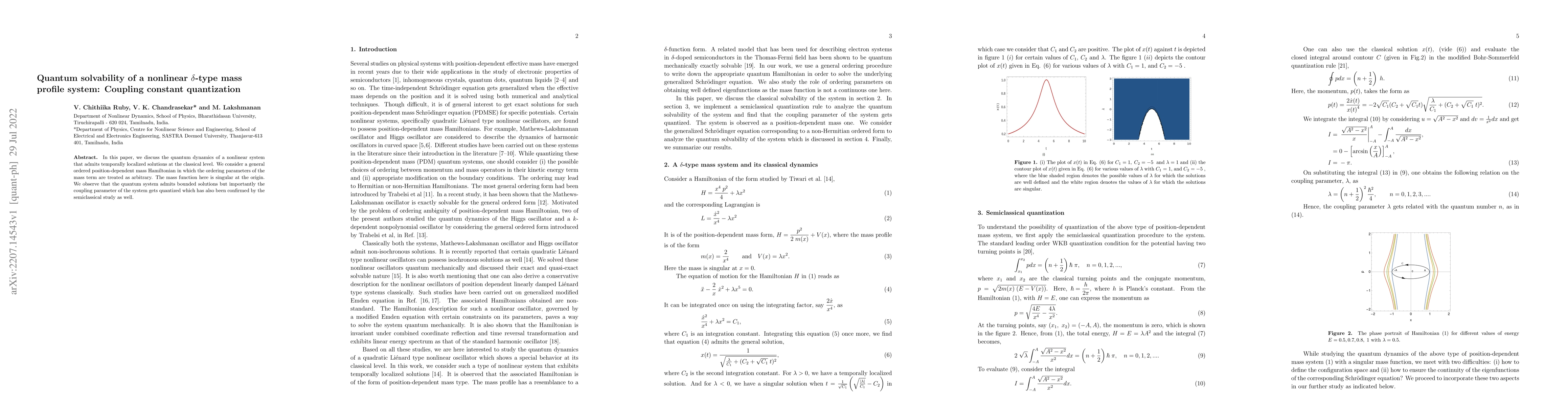 Thumbnail for Quantum solvability of a nonlinear $\delta$-type mass profile system:
  Coupling constant quantization