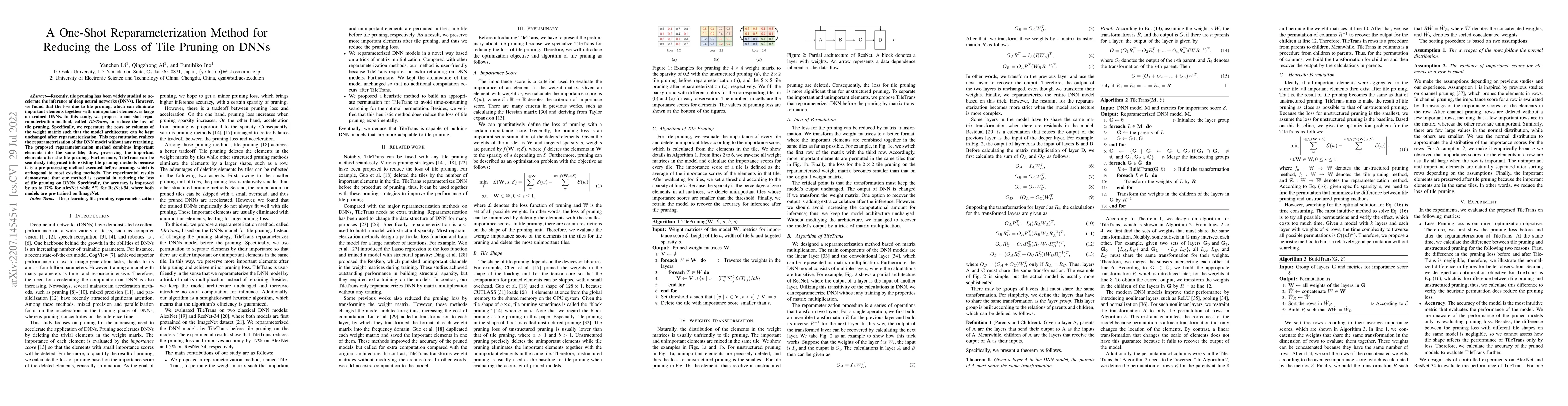 Thumbnail for A One-Shot Reparameterization Method for Reducing the Loss of Tile
  Pruning on DNNs