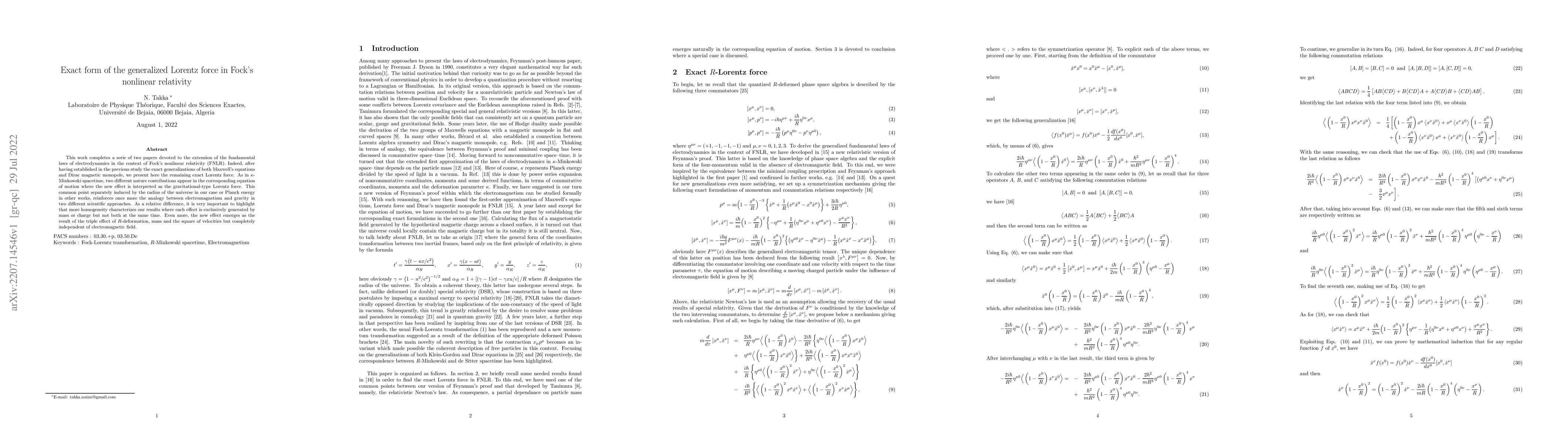 Thumbnail for Exact form of the generalized Lorentz force in Fock's nonlinear
  relativity