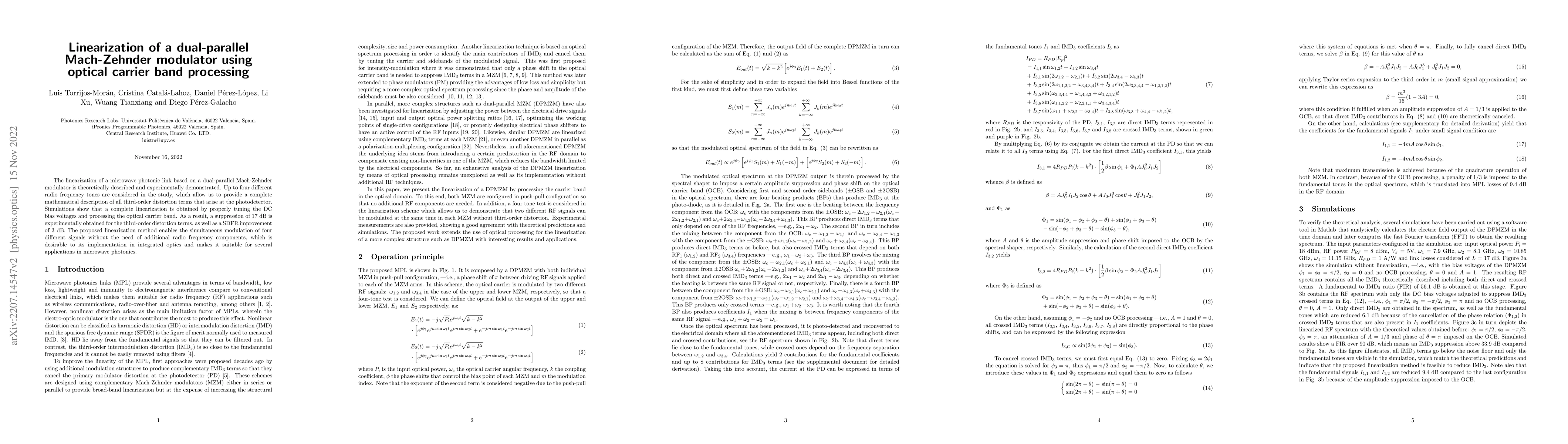 Thumbnail for Linearization of a dual-parallel Mach-Zehnder modulator using optical
  carrier band processing