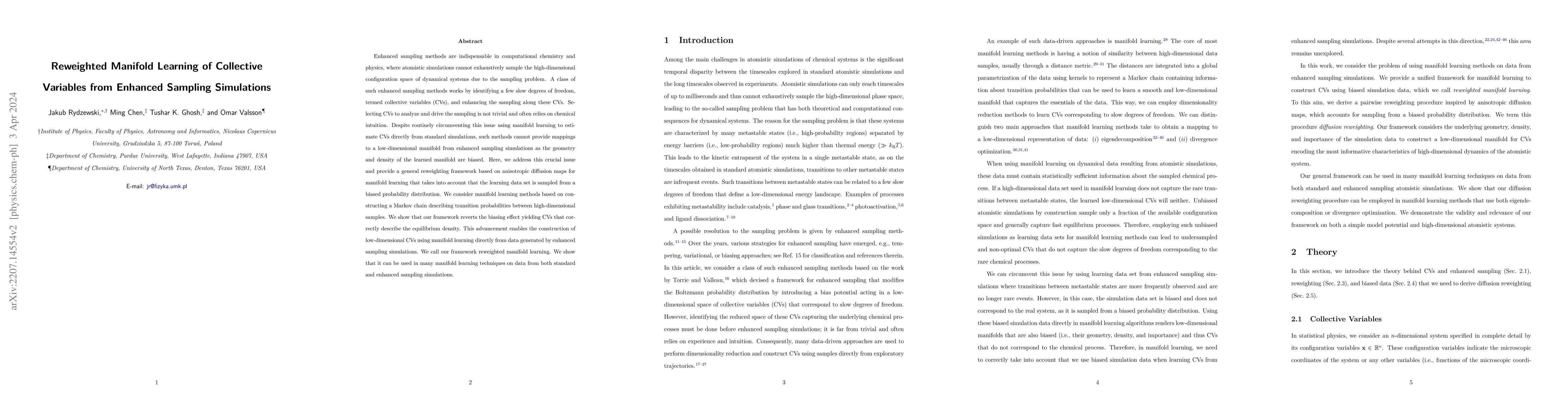 Thumbnail for Reweighted Manifold Learning of Collective Variables from Enhanced
  Sampling Simulations