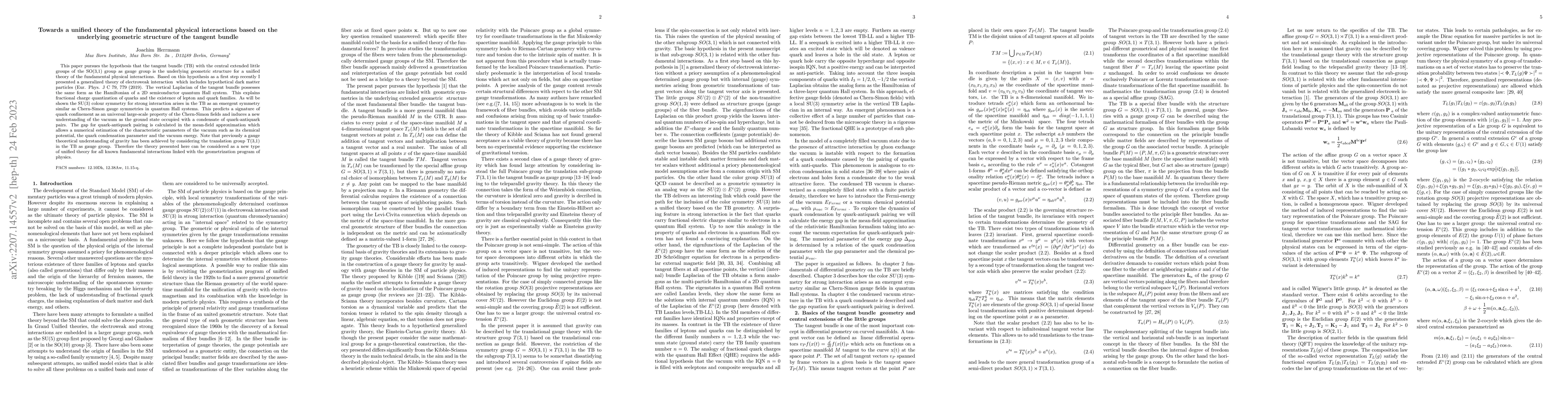 Thumbnail for Towards a unified theory of the fundamental physical interactions based
  on the underlying geometric structure of the tangent bundle