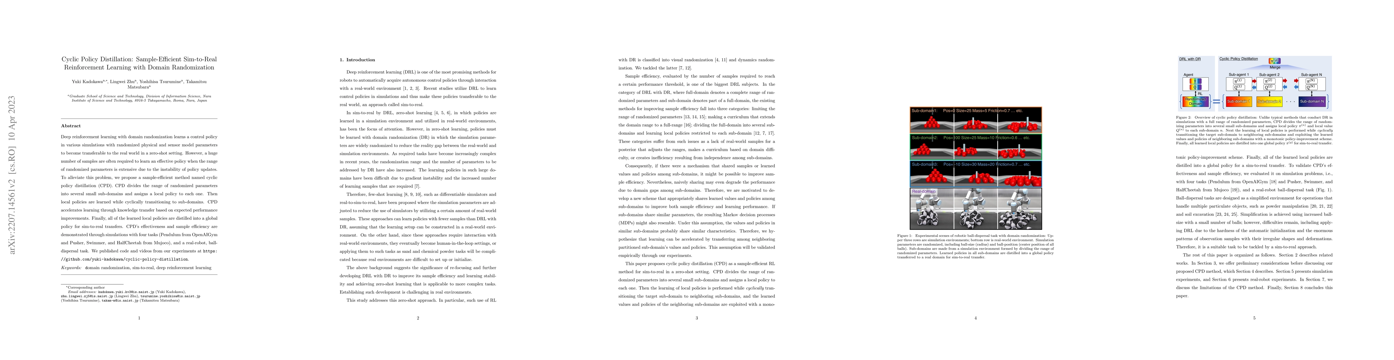 Thumbnail for Cyclic Policy Distillation: Sample-Efficient Sim-to-Real Reinforcement
  Learning with Domain Randomization