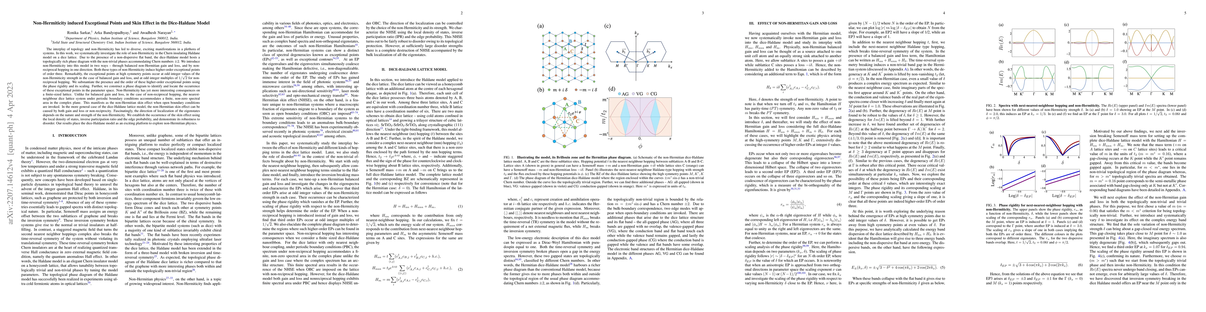 Thumbnail for Non-Hermiticity induced Exceptional Points and Skin Effect in the
  Dice-Haldane Model