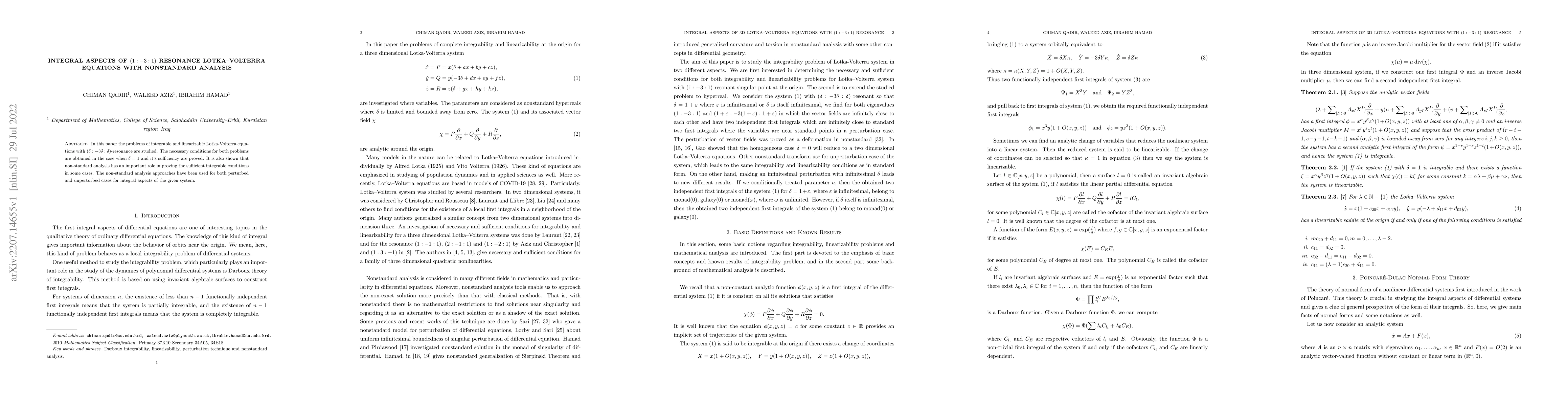 Thumbnail for Integral Aspects of $(1:-3:1)$ Resonance Lotka--Volterra Equations with
  Nonstandard Analysis