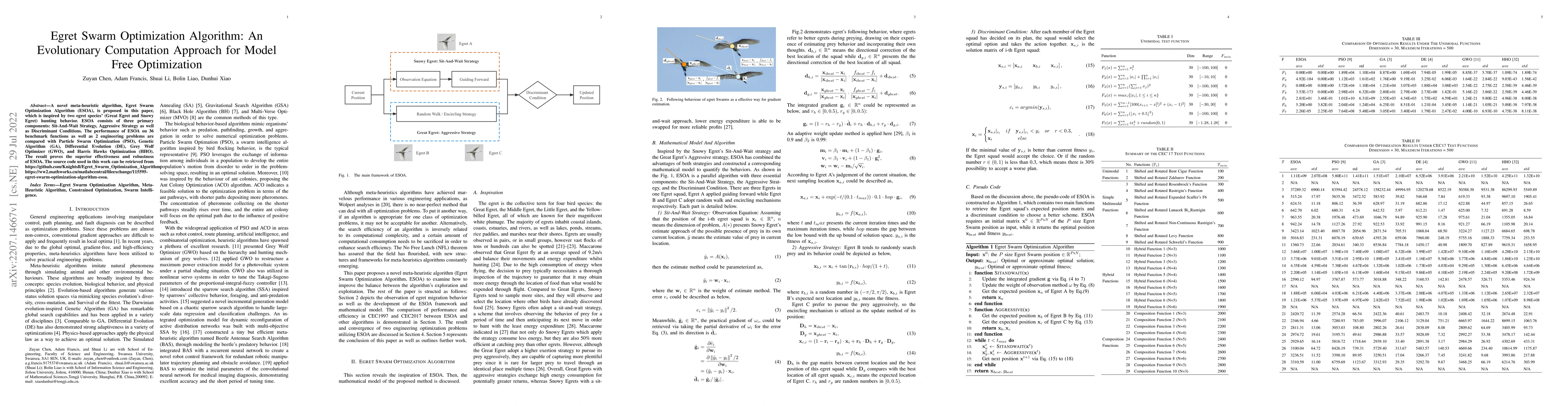 Thumbnail for Egret Swarm Optimization Algorithm: An Evolutionary Computation Approach
  for Model Free Optimization