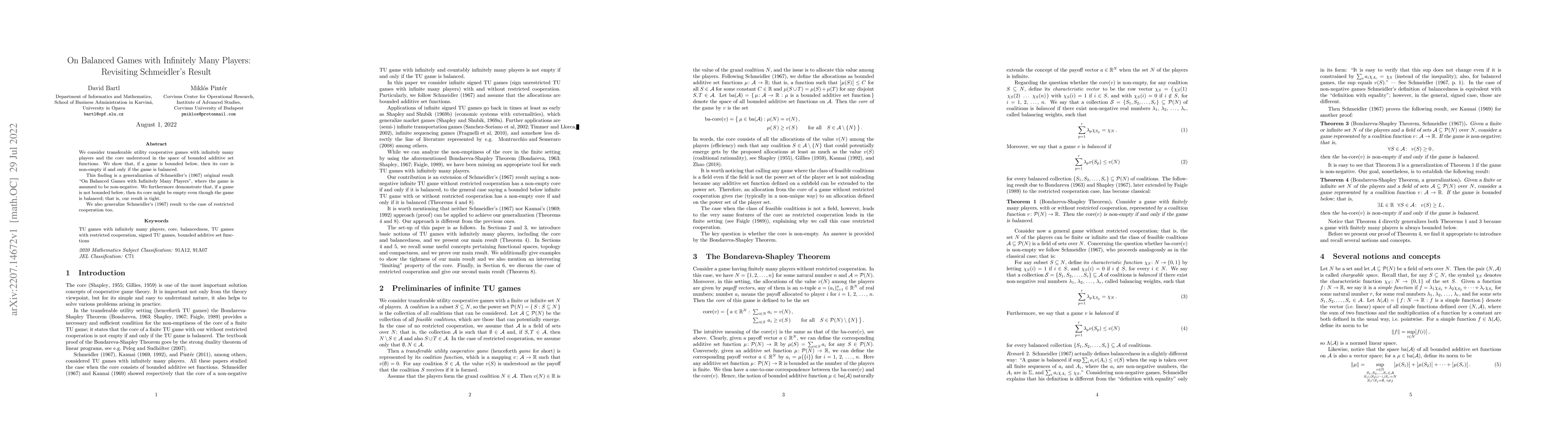 Thumbnail for On Balanced Games with Infinitely Many Players: Revisiting Schmeidler's
  Result