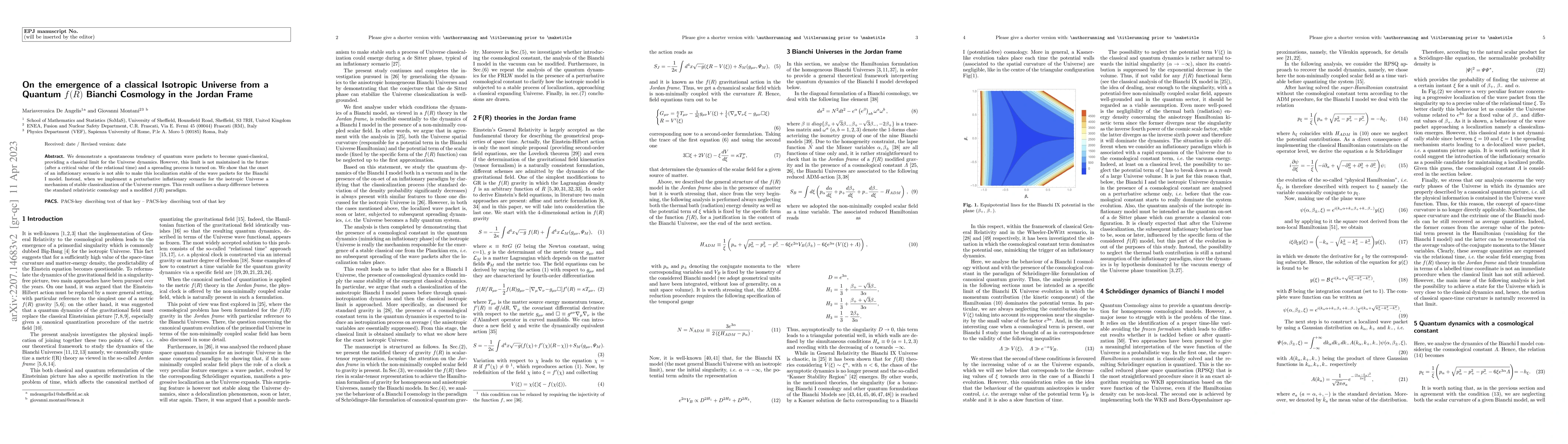 Thumbnail for On the emergence of a classical Isotropic Universe from a Quantum $f(R)$
  Bianchi Cosmology in the Jordan Frame