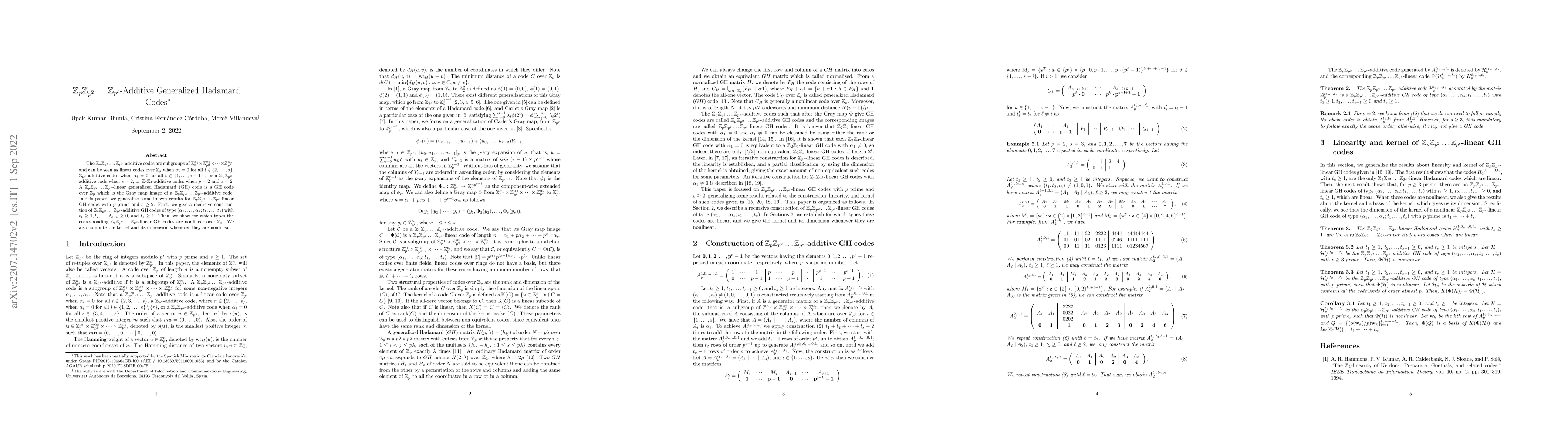 Thumbnail for $\mathbb{Z}_p\mathbb{Z}_{p^2}\dots\mathbb{Z}_{p^s}$-Additive Generalized
  Hadamard Codes