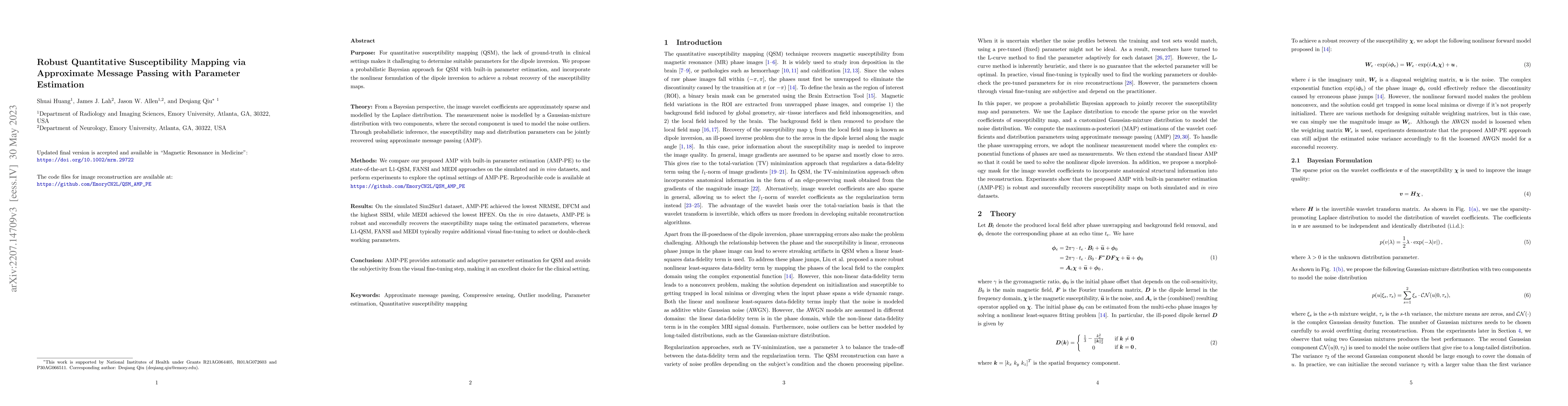 Thumbnail for Robust Quantitative Susceptibility Mapping via Approximate Message
  Passing with Parameter Estimation
