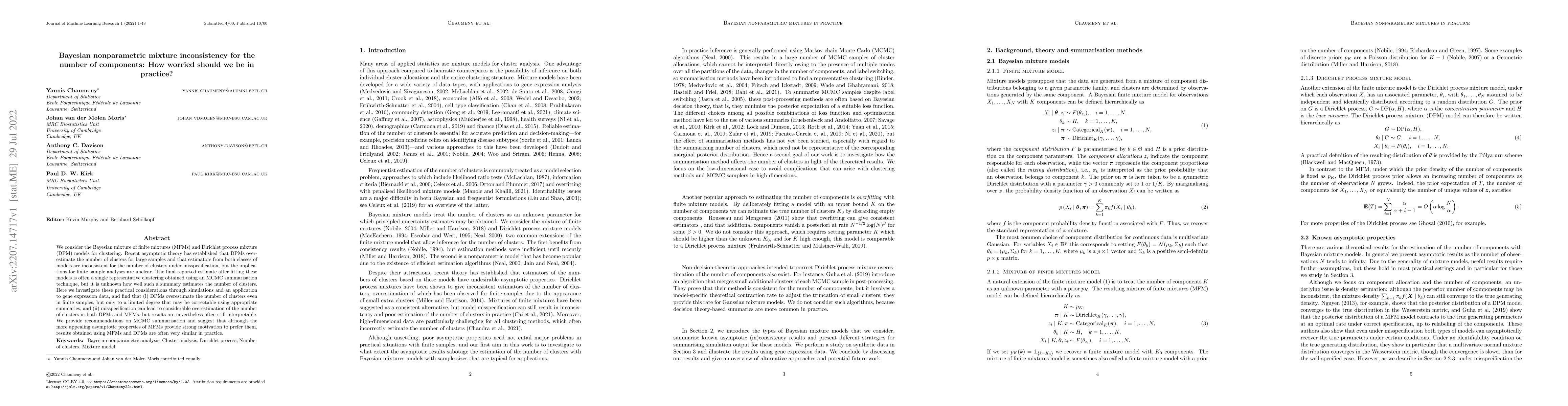 Thumbnail for Bayesian nonparametric mixture inconsistency for the number of
  components: How worried should we be in practice?