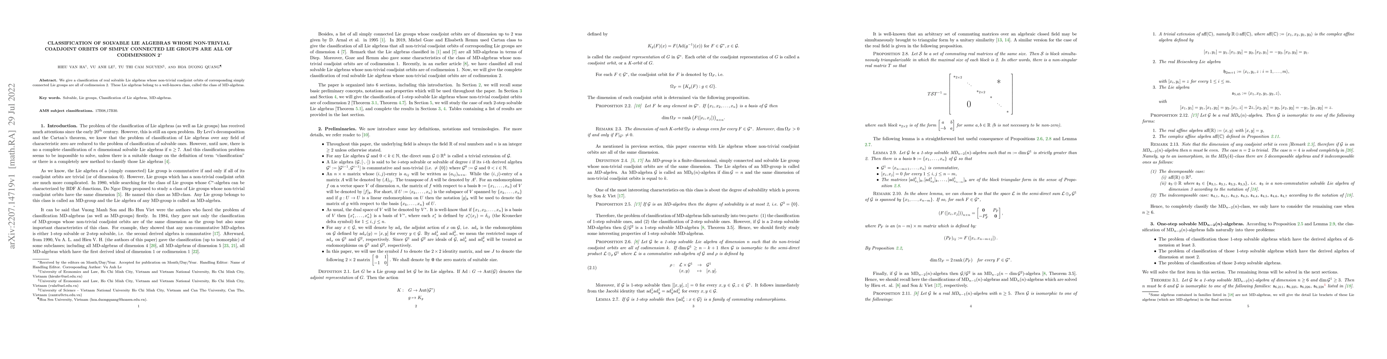 Thumbnail for Classification of Solvable Lie algebras whose non-trivial Coadjoint
  Orbits of simply connected Lie groups are all of Codimension 2