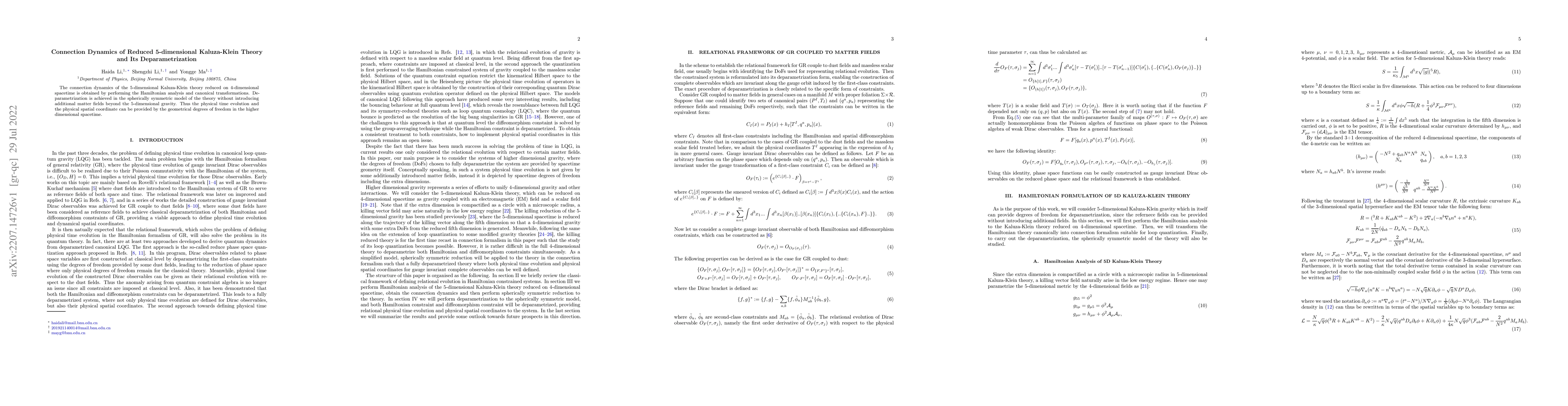 Thumbnail for Connection Dynamics of Reduced 5-dimensional Kaluza-Klein Theory and Its
  Deparametrization