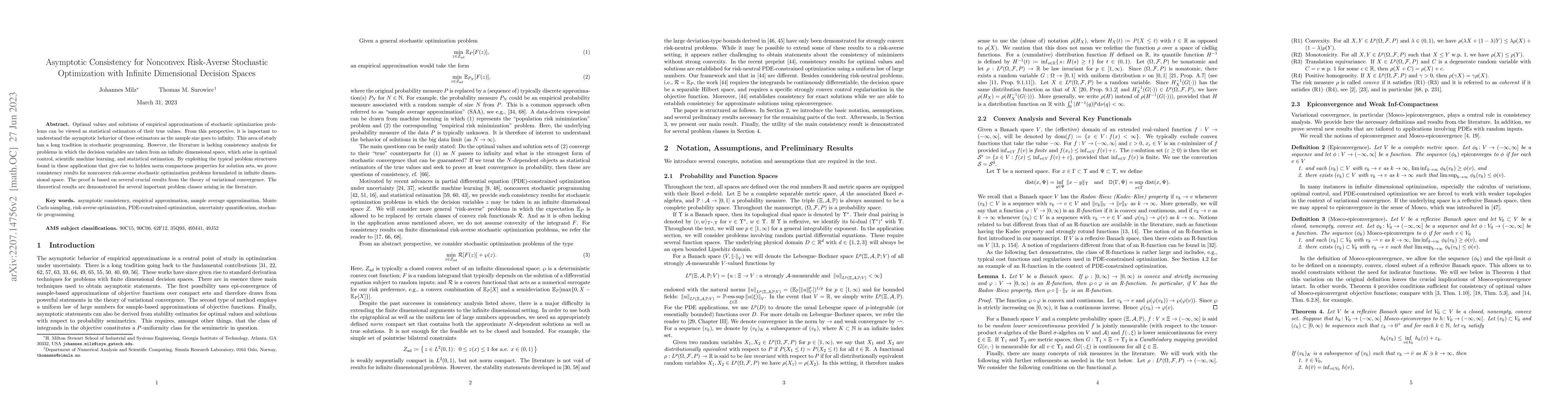 Thumbnail for Asymptotic Consistency for Nonconvex Risk-Averse Stochastic Optimization
  with Infinite Dimensional Decision Spaces