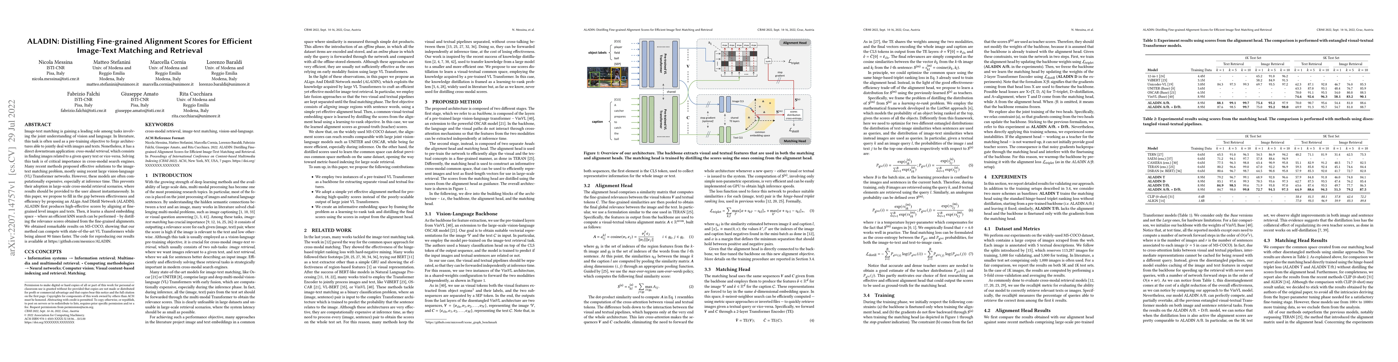 Thumbnail for ALADIN: Distilling Fine-grained Alignment Scores for Efficient
  Image-Text Matching and Retrieval