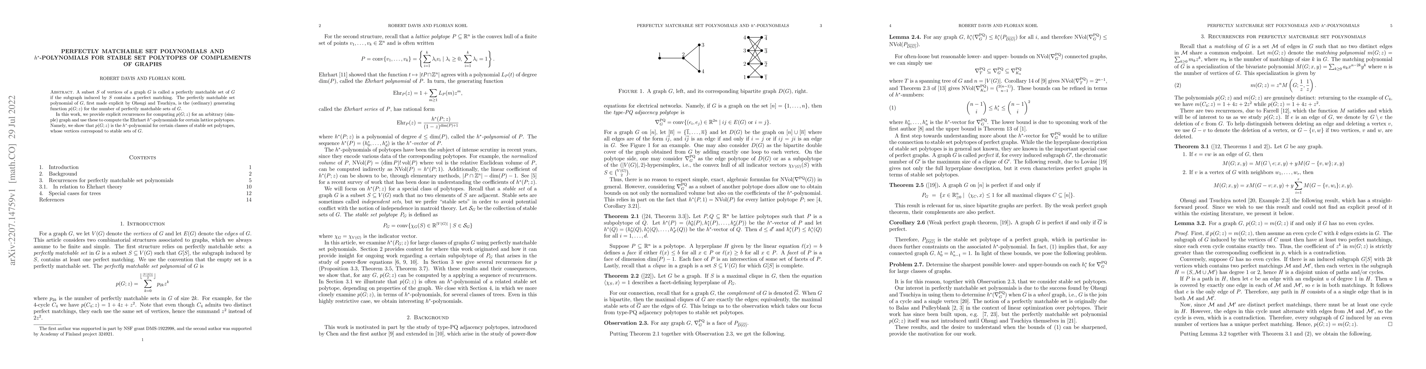 Thumbnail for Perfectly Matchable Set Polynomials and $h^*$-polynomials for Stable Set
  Polytopes of Complements of Graphs