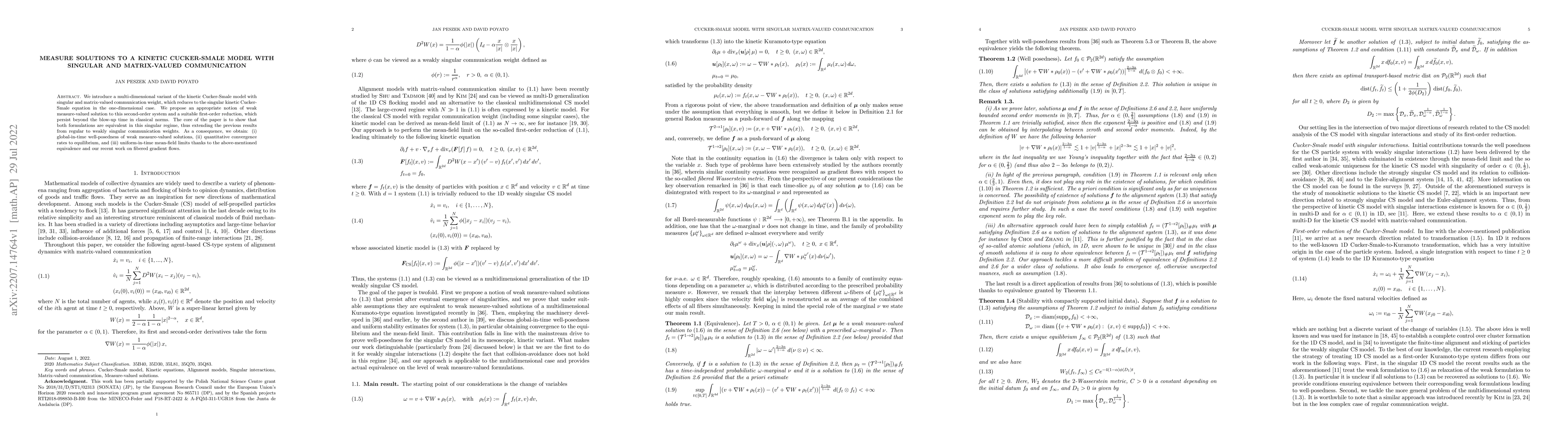 Thumbnail for Measure solutions to a kinetic Cucker-Smale model with singular and
  matrix-valued communication