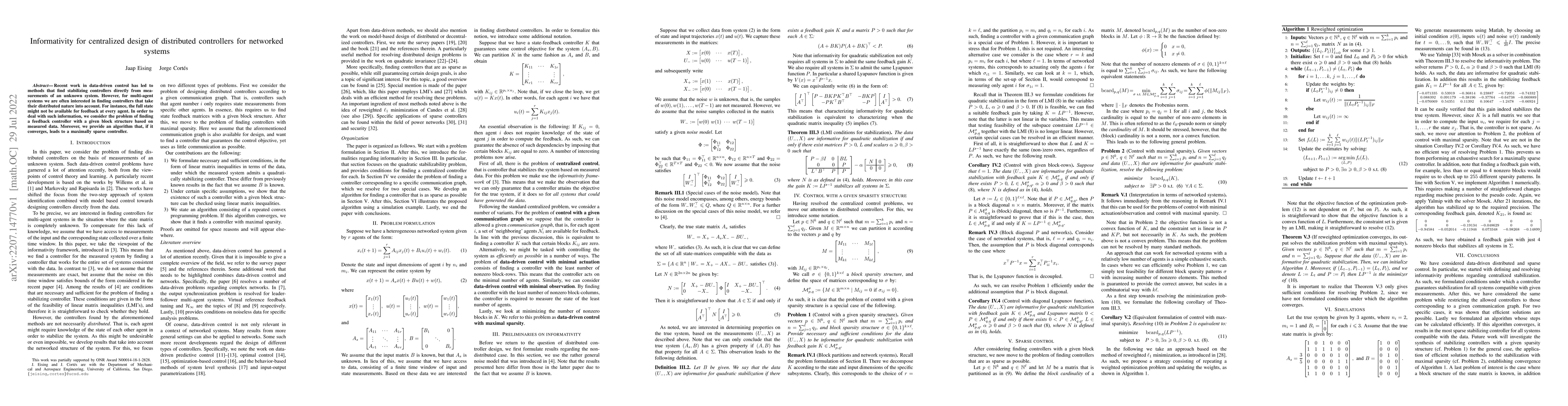 Thumbnail for Informativity for centralized design of distributed controllers for
  networked systems