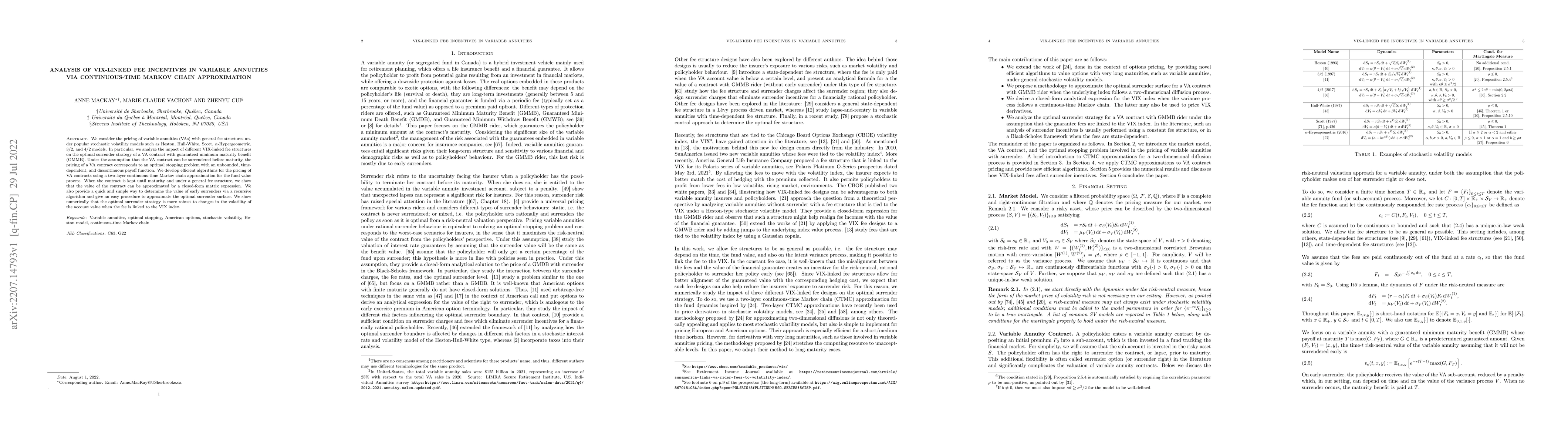 Thumbnail for Analysis of VIX-linked fee incentives in variable annuities via
  continuous-time Markov chain approximation