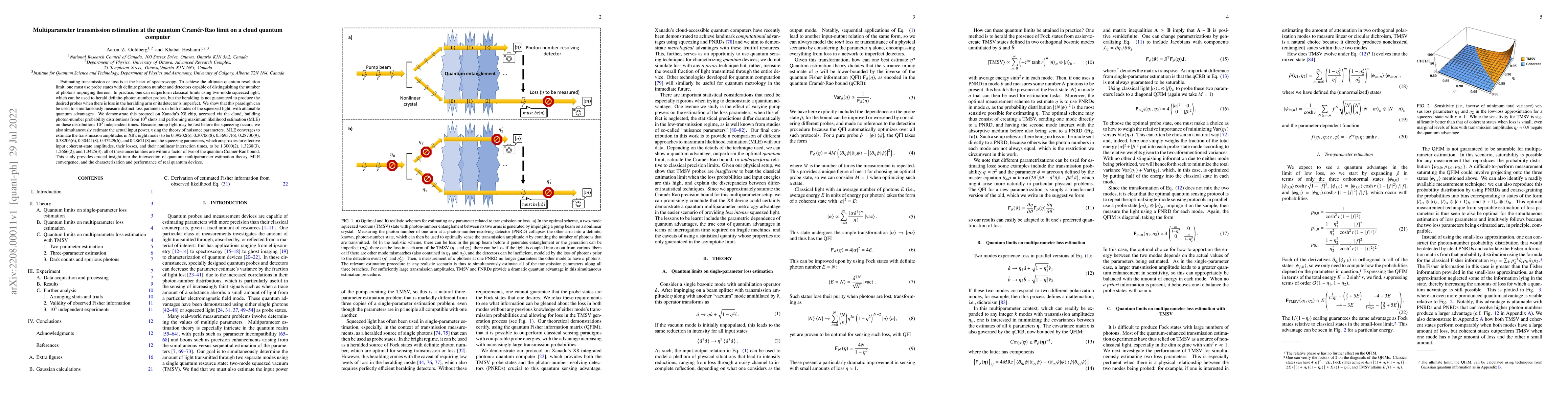Thumbnail for Multiparameter transmission estimation at the quantum Cram\'er-Rao limit
  on a cloud quantum computer