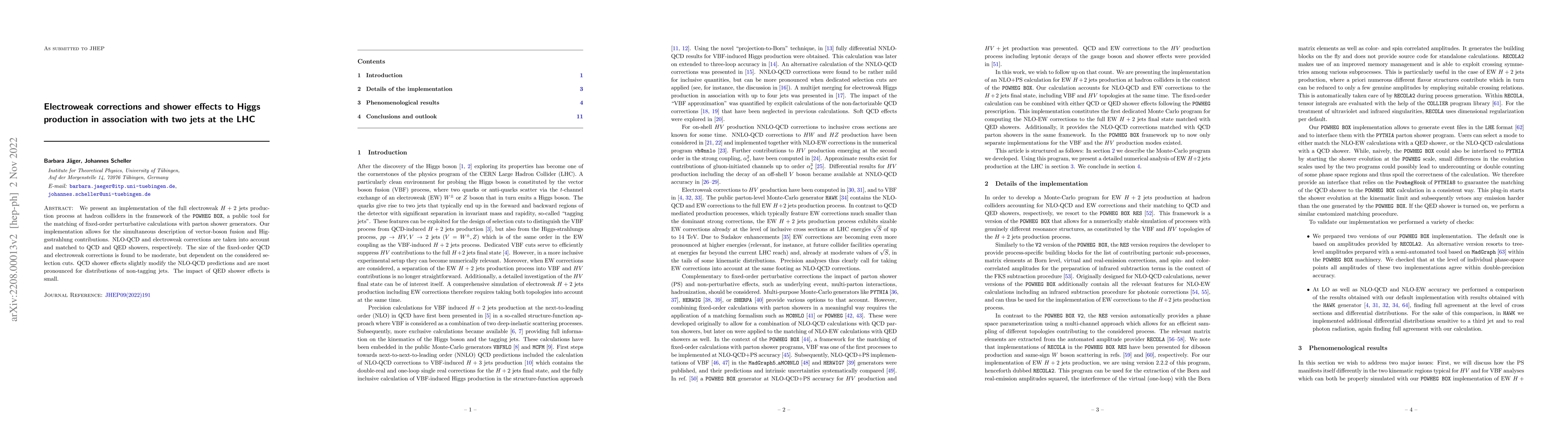 Thumbnail for Electroweak corrections and shower effects to Higgs production in
  association with two jets at the LHC