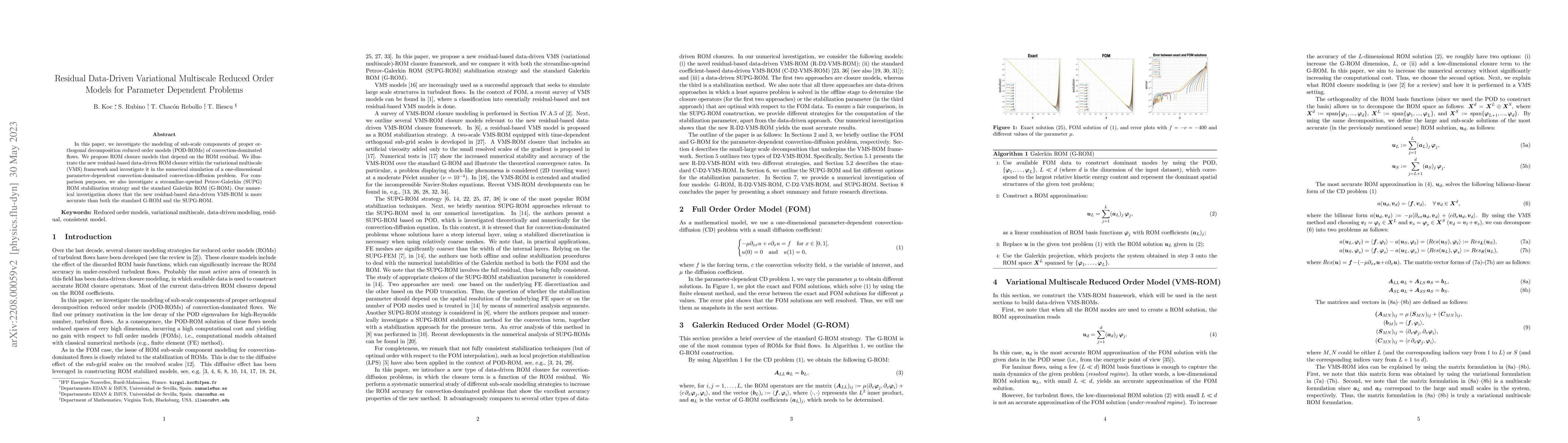 Thumbnail for Residual Data-Driven Variational Multiscale Reduced Order Models for
  Parameter Dependent Problems