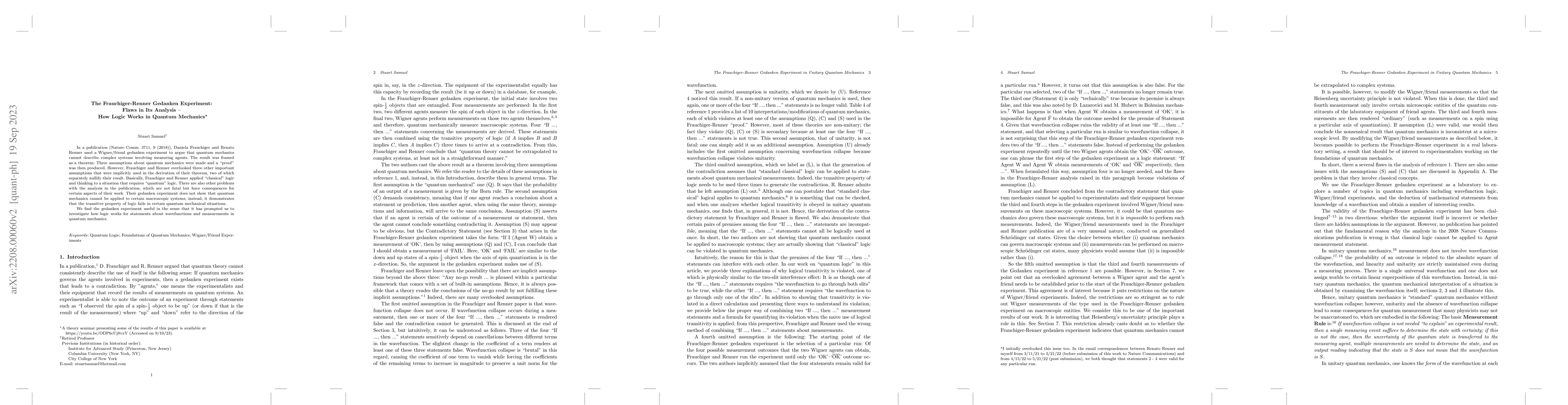 Thumbnail for The Frauchiger-Renner Gedanken Experiment: Flaws in Its Analysis -- How
  Logic Works in Quantum Mechanics
