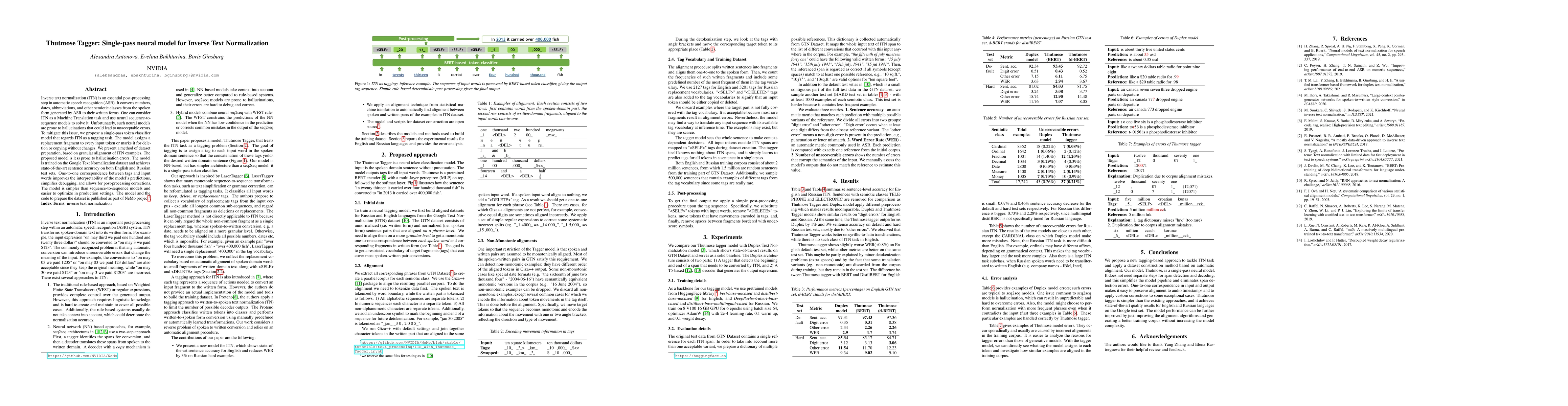 Thumbnail for Thutmose Tagger: Single-pass neural model for Inverse Text Normalization