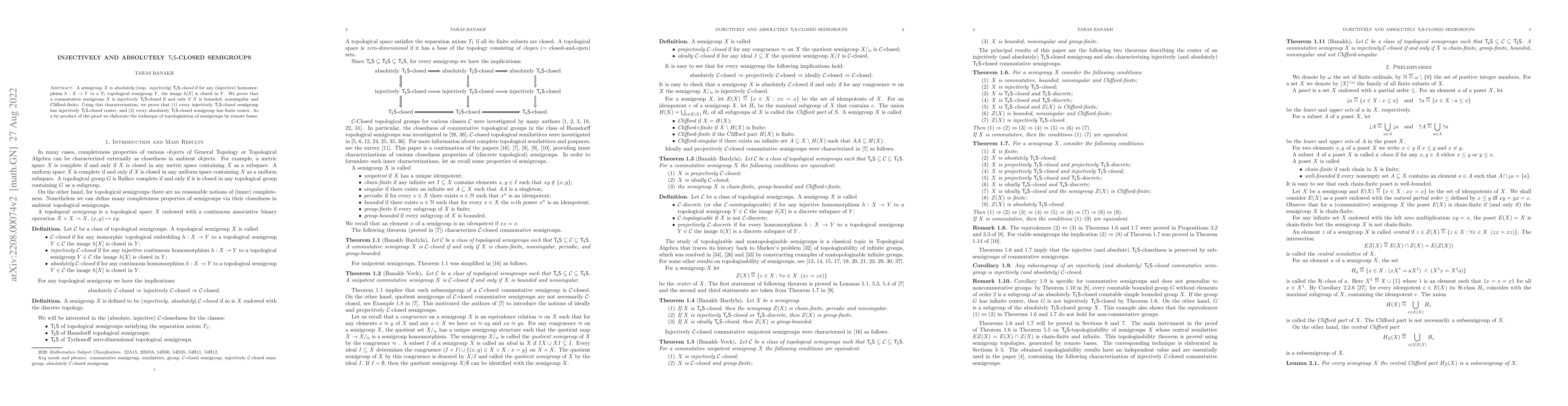 Thumbnail for Injectively and absolutely $T_1S$-closed semigroups