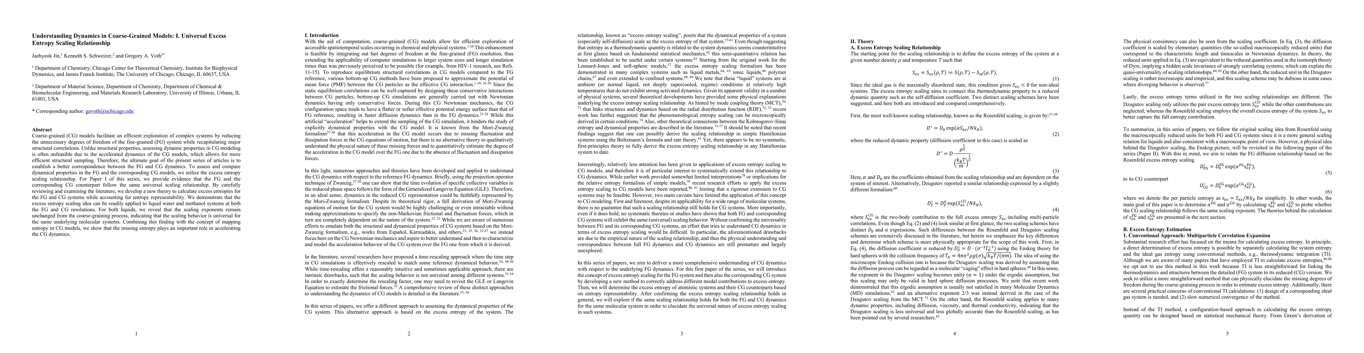 Thumbnail for Understanding Dynamics in Coarse-Grained Models: I. Universal Excess
  Entropy Scaling Relationship