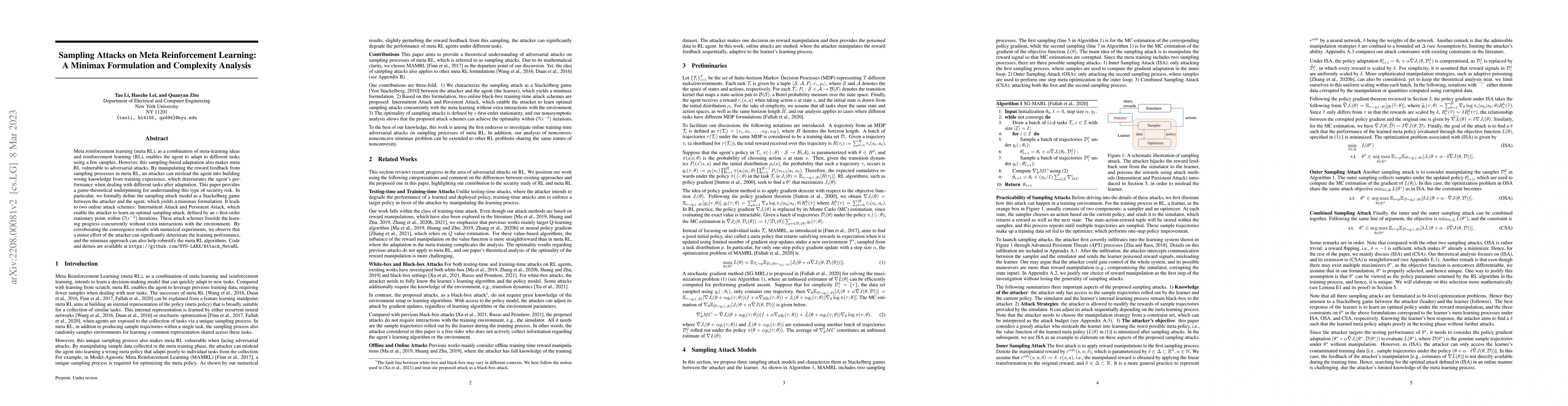 Thumbnail for Sampling Attacks on Meta Reinforcement Learning: A Minimax Formulation
  and Complexity Analysis